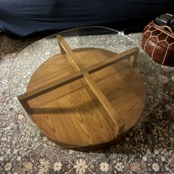 Mid-Century Modern Coffee Table – Solid Wood Base + Thick Removable Glass Top