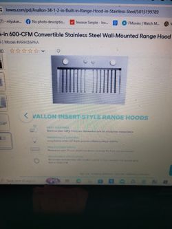 Avallon 34" 600 CFM Convertible Wall Mounted Range Hood