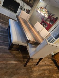 Dining room table, bench and chairs