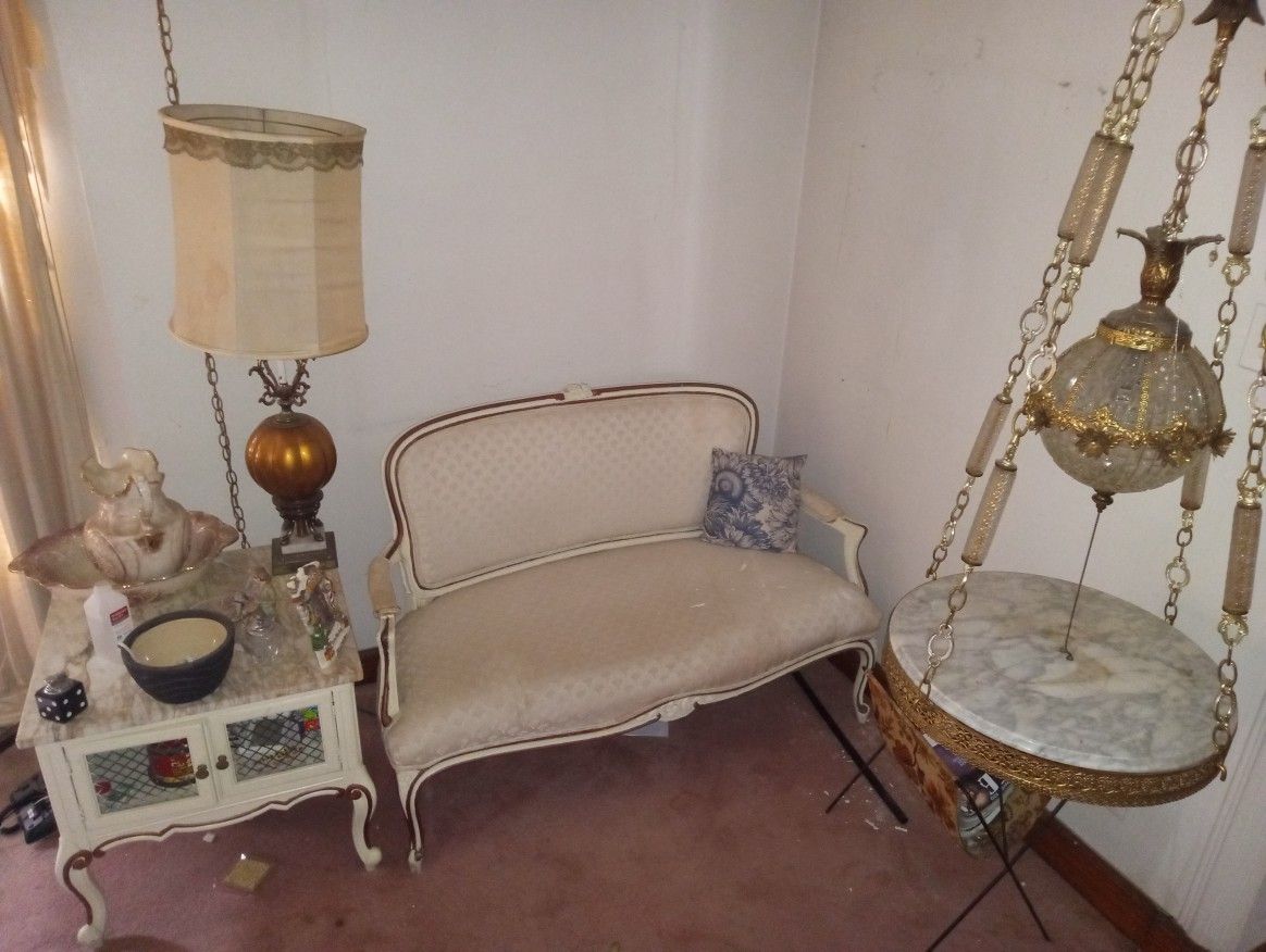 Chair,And Small Marble Top Wood Vintage