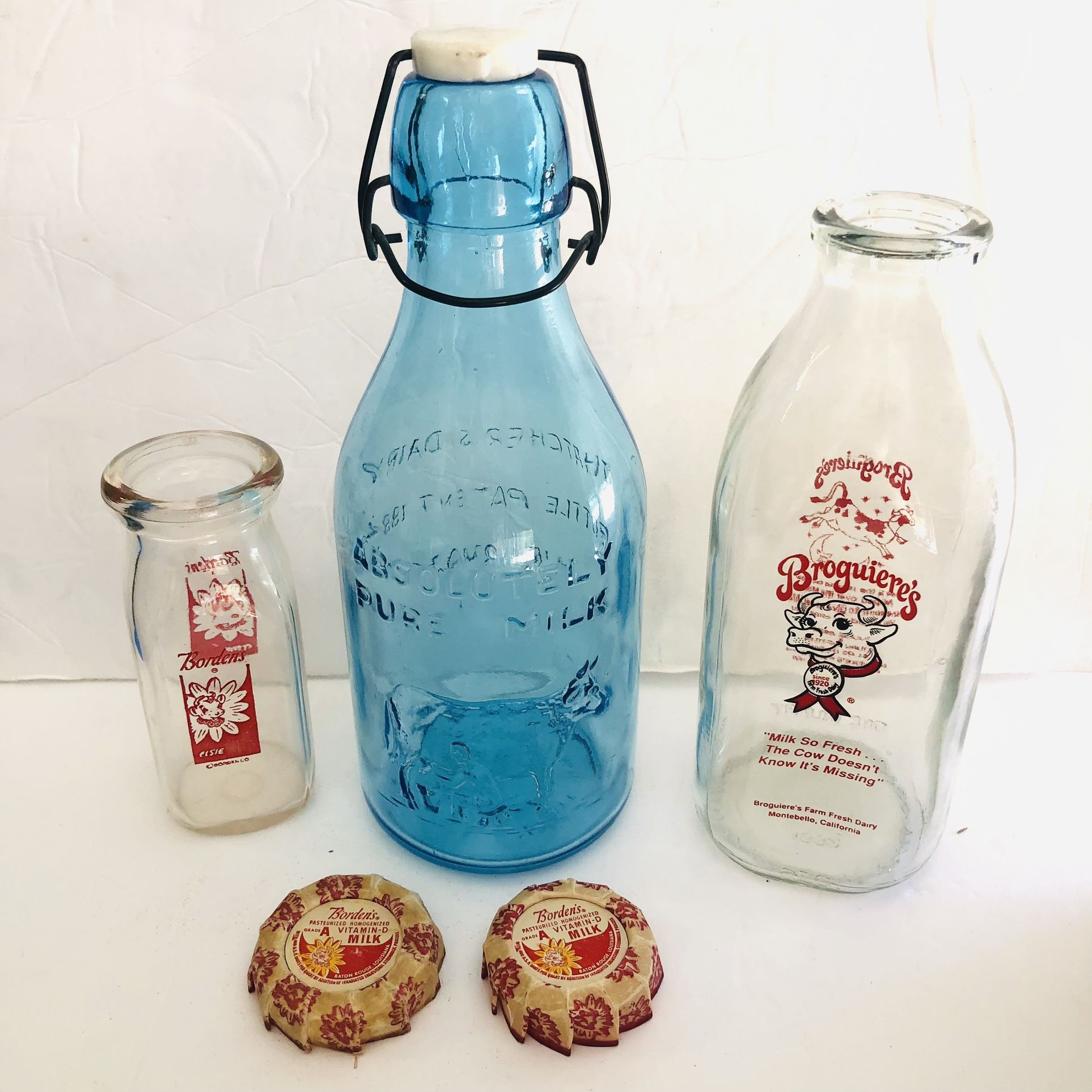 3 Vintage Milk Bottles Bordens Thatchers & Broguiere’s Dairy
