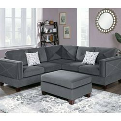 Grey Velvet 3 Piece Sectional Ottoman Included 2 Accent Pillows Included Firm Price $600