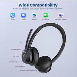 2025 Upgraded) Wireless Headset with Mic for Work, Bluetooth Headset with Noise Canceling Microphone, Wireless On Ear Headphones with USB Dongle and M