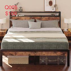 LIKIMIO Queen Bed Frame, Platform Bed Frame with 2-Tier Storage Headboard and Strong Support Legs Q005