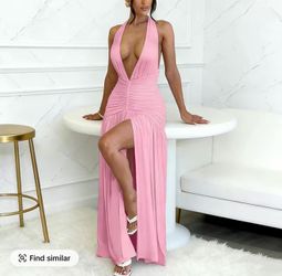 Pink Halter Neck Ruched Maxi Dress with High Slit