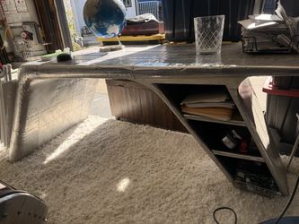Restoration Hardware Aviator Wing Desk + Riveted Aluminum Aviator Egg Chair – Brown Leather