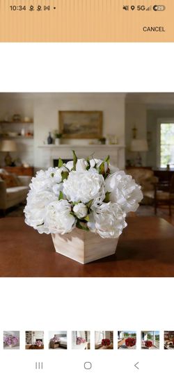 White peony artificial flower arrangements with wooden vase , for living room,  office,  birthday,  baby shower,  bridal shower
