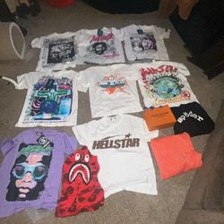 Hellstar tees, Sp5der hoodies, bape hoodie and LV belt