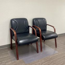 Black Leather All Wood Chairs Pair 