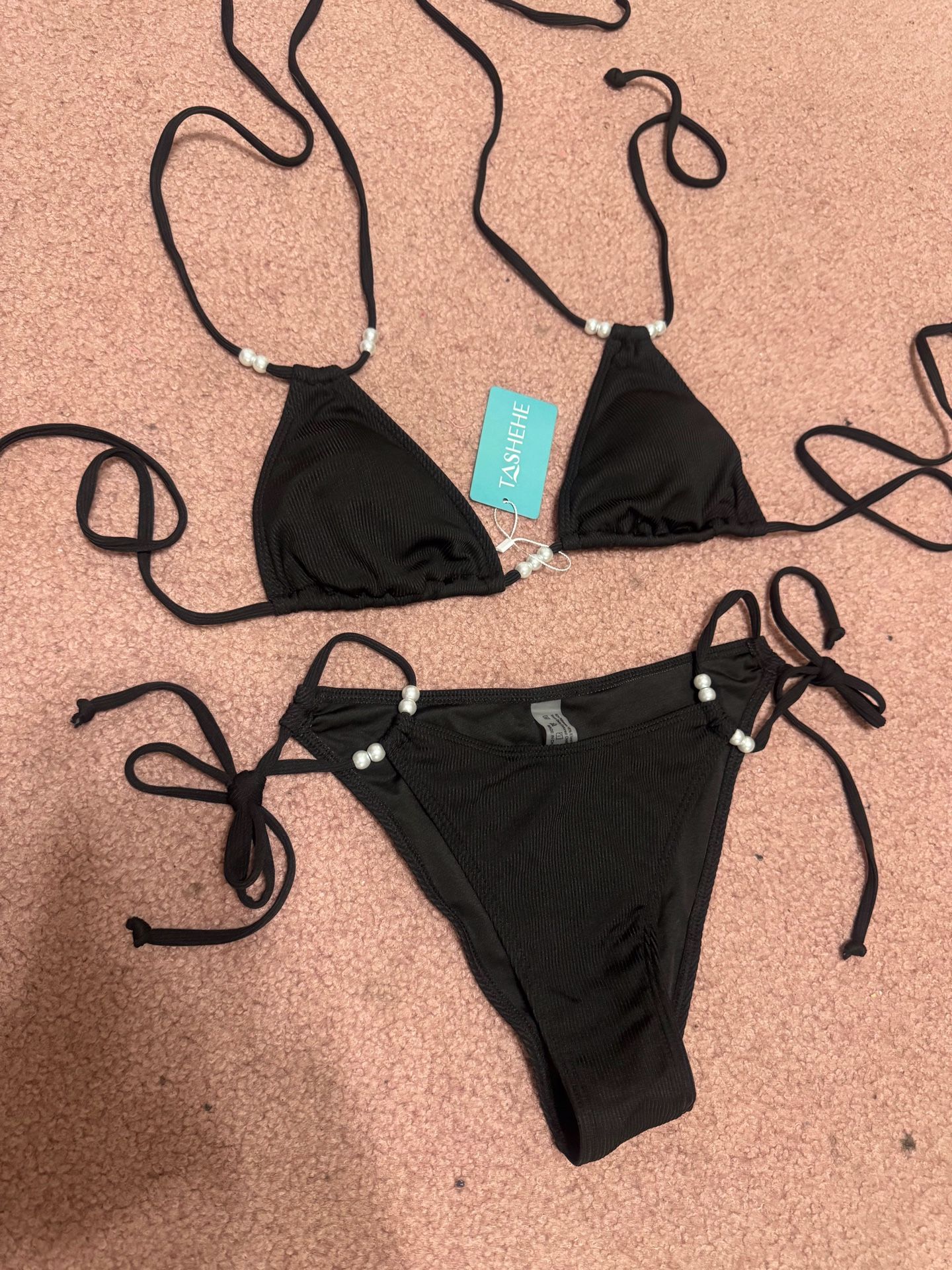 New small black bikini pearl swimsuit bathing suit festival rave goth