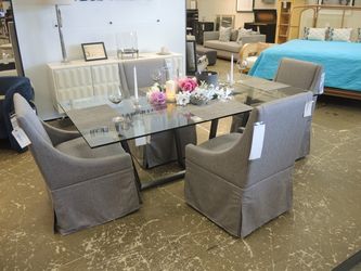 Modern Glass Top Dining Table with 4 Upholstered Host Chairs - Clear Glass Top, Pewter Metal Base, Gray Upholstered Chairs | Dinette Set