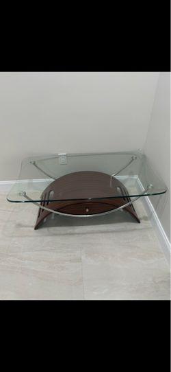 Glass Top Coffee Table with Wood Base