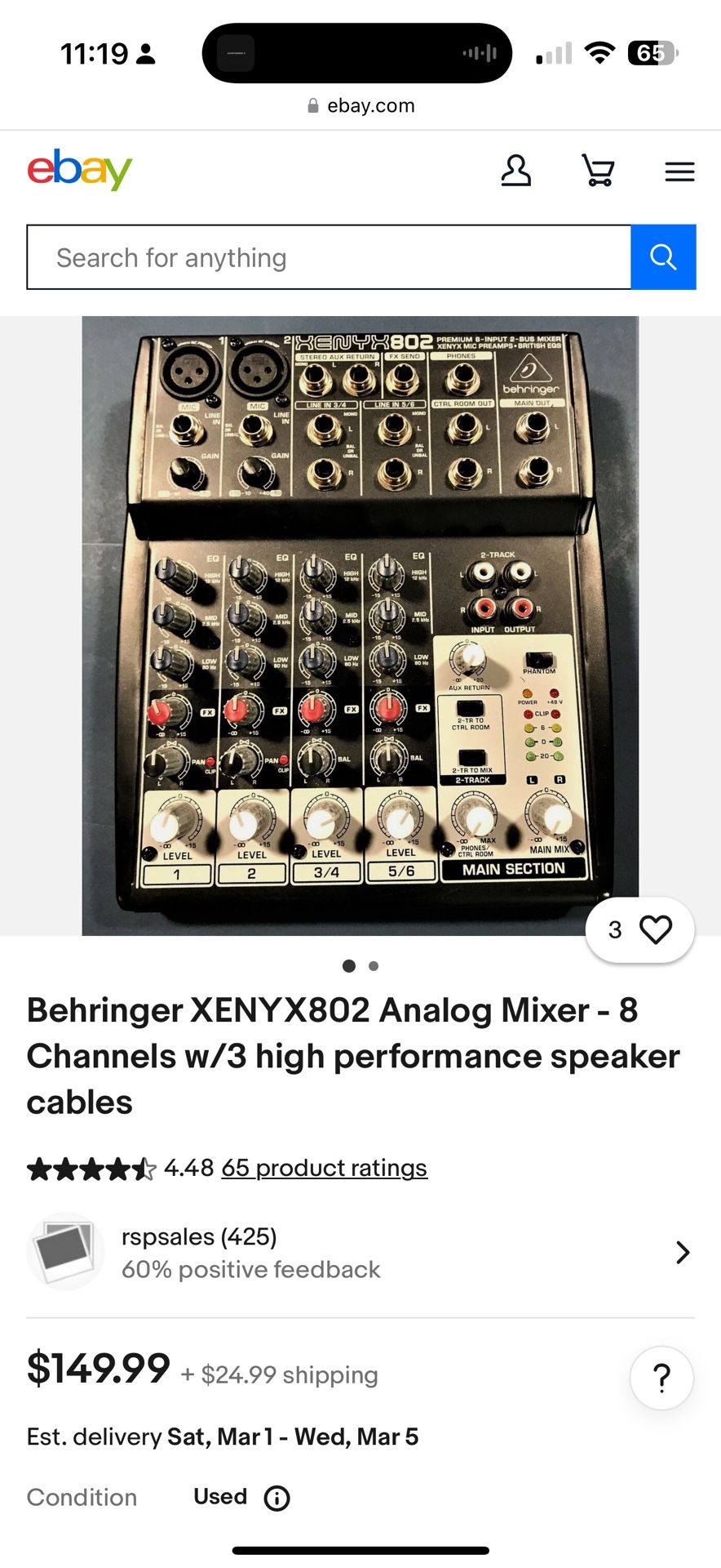 Behringer XENYX802 Analog Mixer - 8 Channels w/3 high performance speaker cables