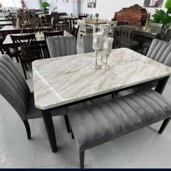 ✅️✅️ 5 pc Pascal black wood finish faux marble top dining table set grey fabric (Bench not included)✅️✅️