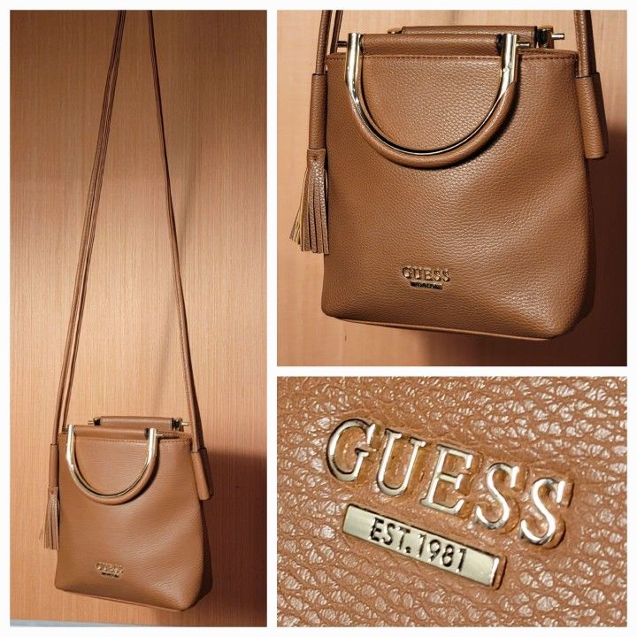 Like New GUESS Handbag - PU Leather - Metal Ring Bucket Sofia Women's Crossbody Bag - Brown