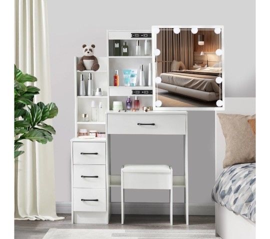 White Vanity Table Set with Sliding Mirror, Modern Makeup Desk with LED Lights, Dressing Table with 4 Drawers for Girls Bedroom