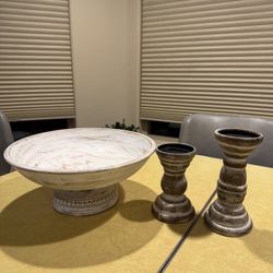 Large Wooden Bowl With Two Matching Candle Holders