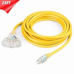 25ft 12/3Extension Cord With Triple Outlets,12gauge Heavy Duty, Lighted, Outdoor/indoor,