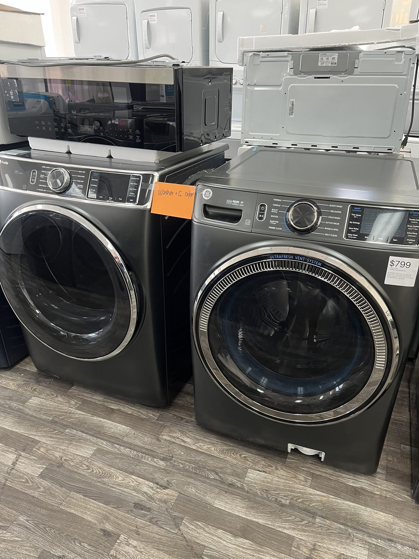 GE 5.0 Cu Ft Washer & 7.8 Cu Ft Gas Dryer Set, Open Box, Fully Tested, One Year Warranty