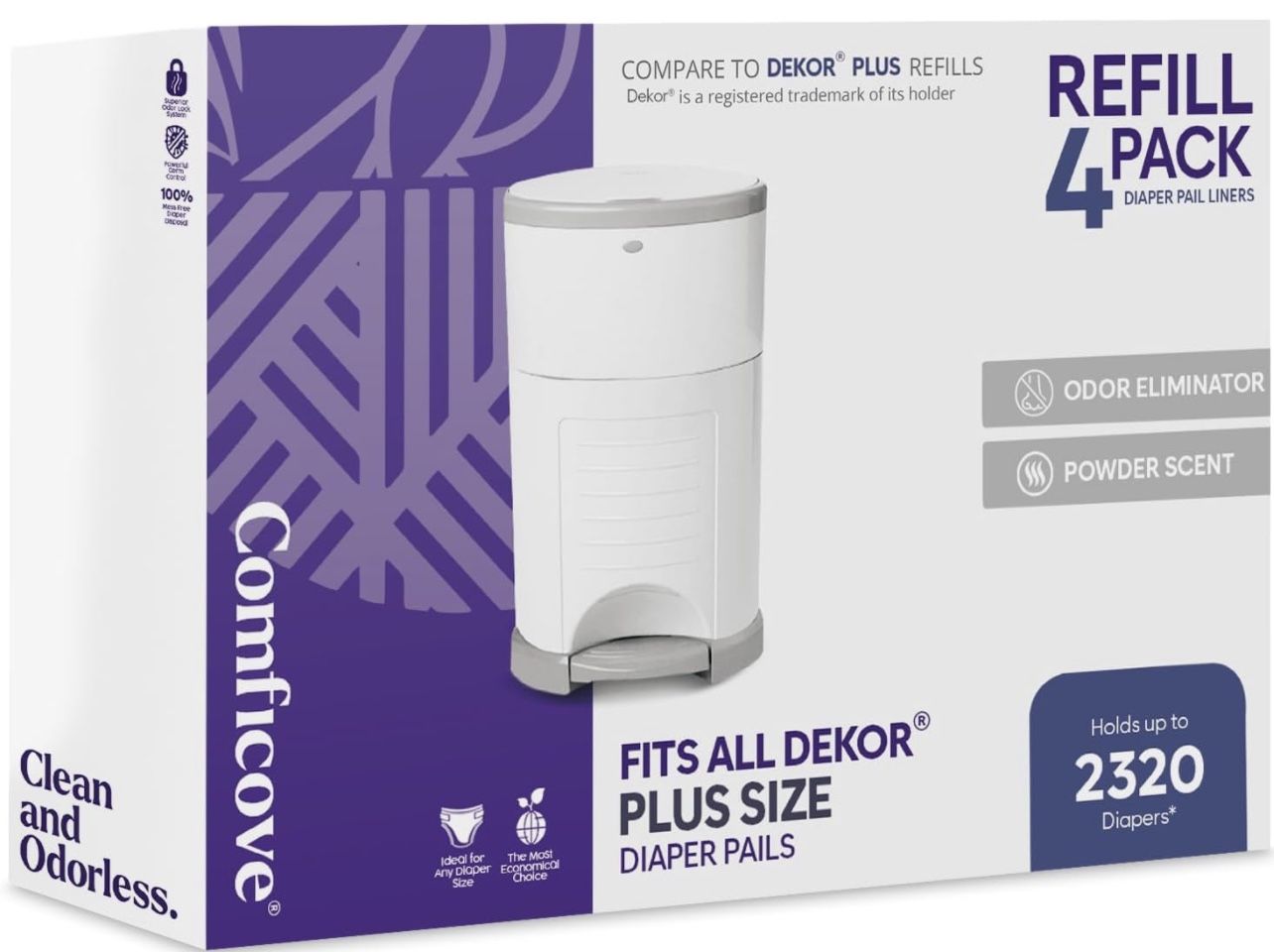 NEW - COMFICOVE Plus Diaper Pail Refills Compatible with DEKOR PLUS Diaper Pails | 4 Pack | Extra Thick Diaper Pail Refill Liners | Fresh Powder Scent