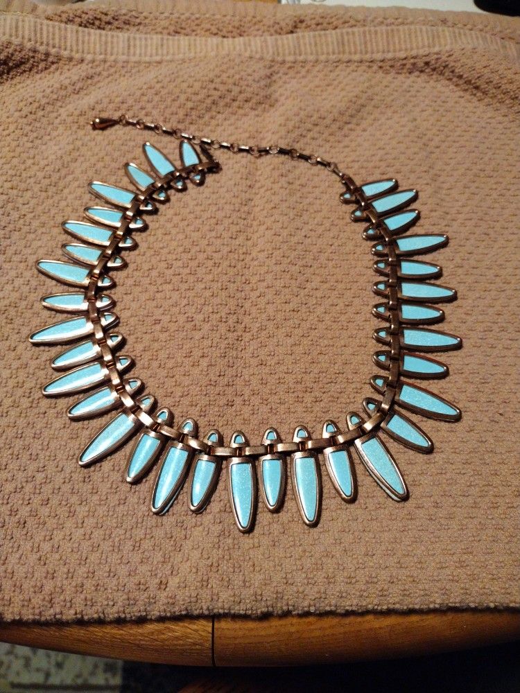 Vtg 1960's Artist Signed Copper/Turquoise Enamel Necklace
