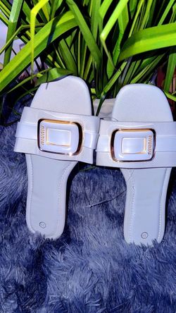 Miu Miu White Slide Sandals with Gold Buckle