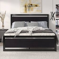 Queen Size Bed Frame with Modern Headboard, Heavy Duty Platform Metal Base with Square Footboard and 13 Strong Slats Support, No Box Spring Needed, Bl