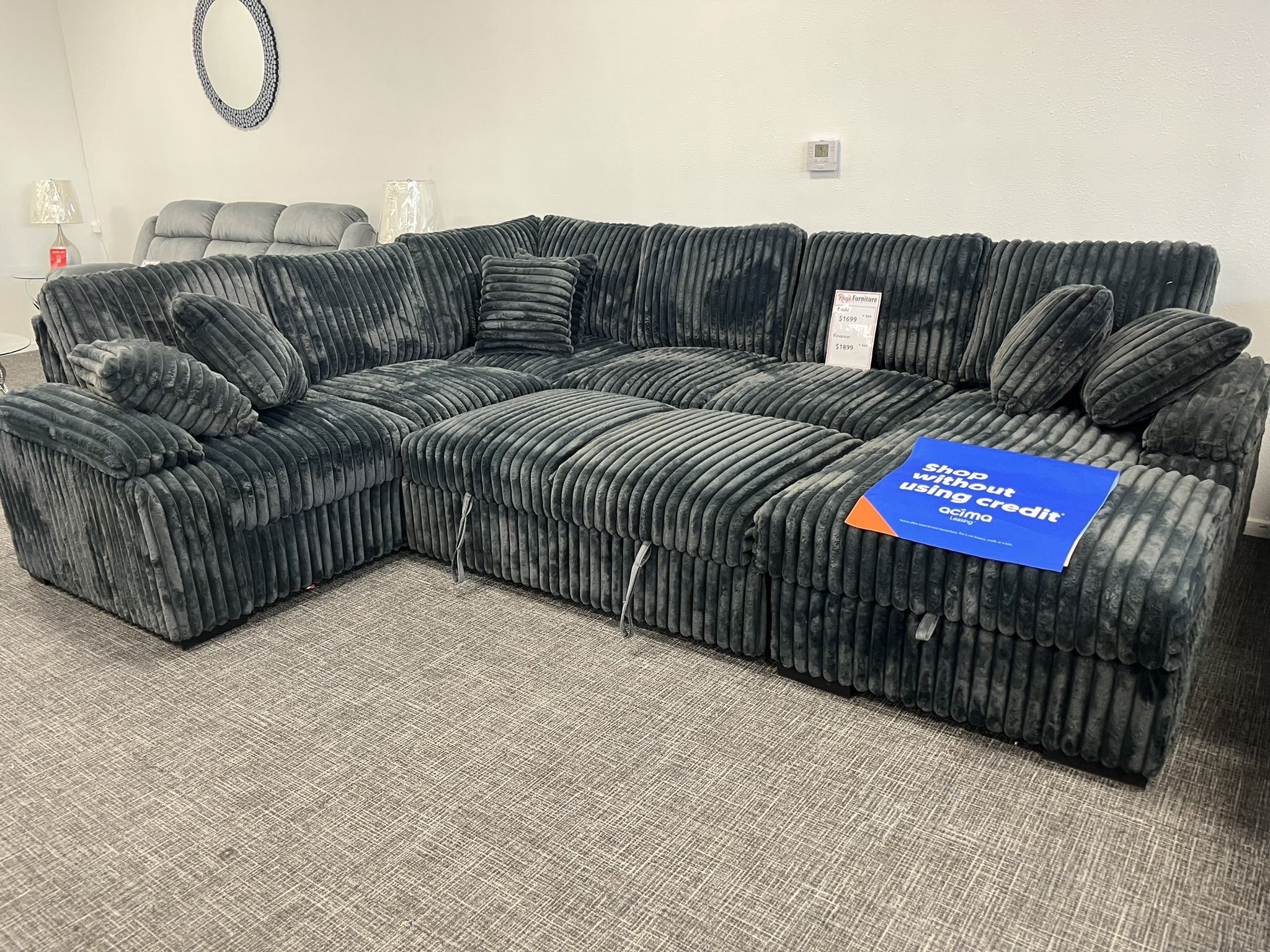 Dark Gray Sofa Sectional W/ Pullout Sleeper & Storage Chaise/ $10 EZ Down Payment Options