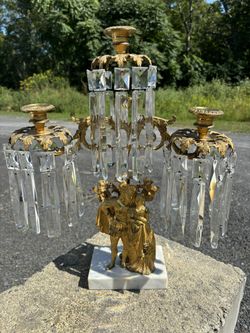 3 Piece Antique French Gilt Bronze Girandole & Matching Lusters With Cast Noble Figures