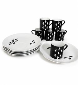 Modern Black & White Geometric Espresso Cup & Plate Set 12pc READ