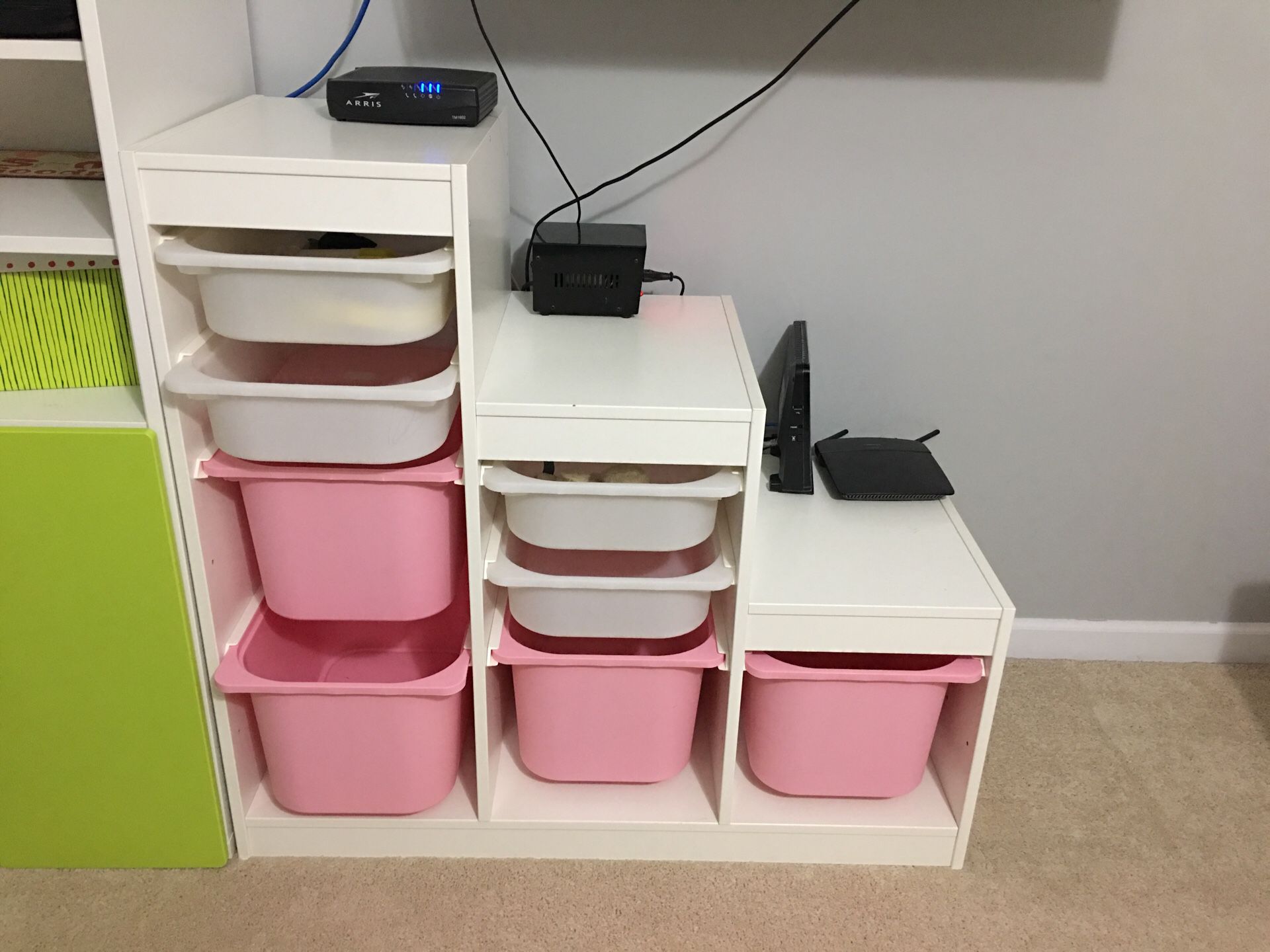 Ikea pyramid shelf with drawer plastic boxes girls pink white