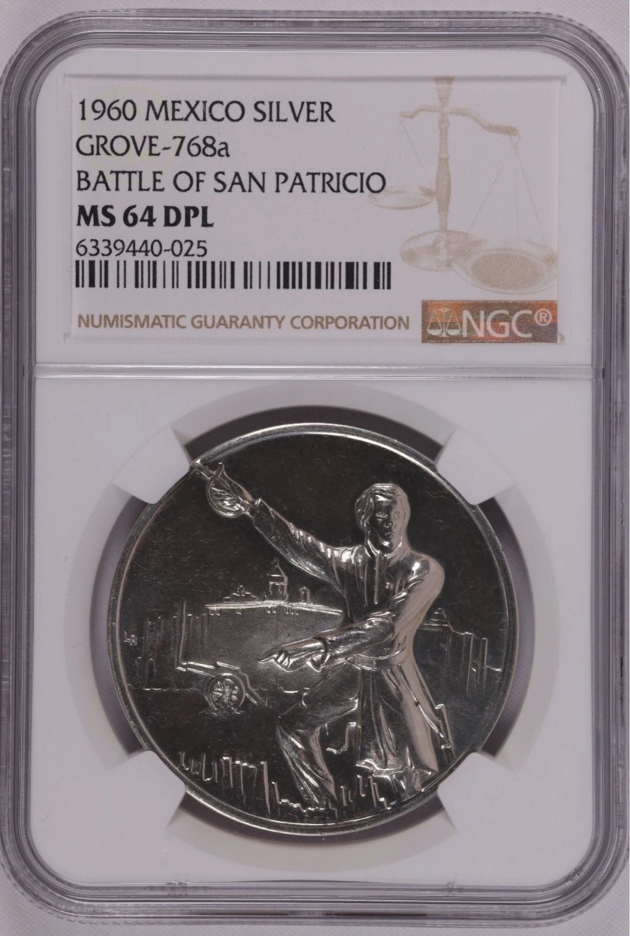 1960 St. Patrick's Battalion Silver Medal. Grove-768a, NGC MS 64 DPL