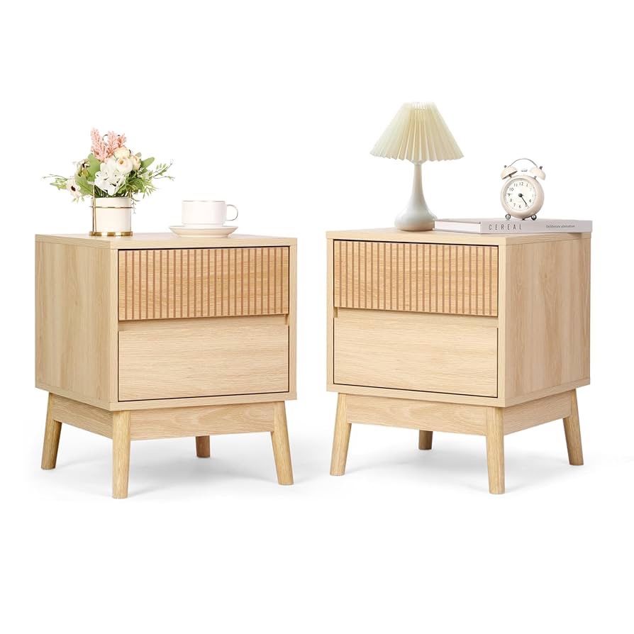 Fluted Wooden Nightstand Set of 2, Night Stands with with 2 Drawers, End Table, Side Table Wood Accent Table with Storage for Bedroom, Natural Oak
