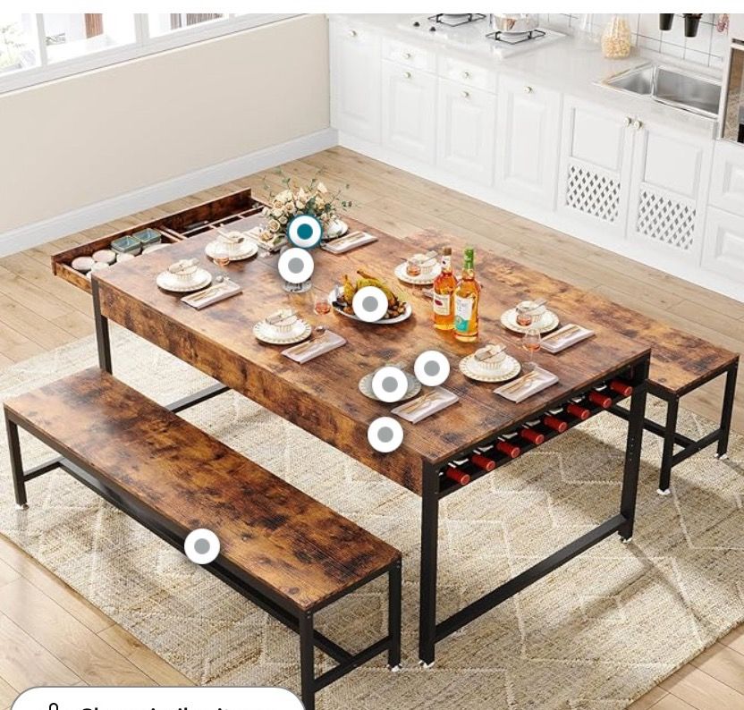 Loomie 63" Dining Table Set for 4-6, 3-Piece Kitchen Table with 2 Utensil Drawers, 2 Benches & Wine Rack, Modern Space Saving & Heavy Duty Dinner Tabl