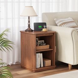 23.6"H Square End Table with Charging Station, Modern Wood Side Table with Sliding Door, Fluted Storage Nightstand for Living Room, Bedroom and Small 
