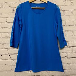 Denim & Co Women’s Regular Jersey 3/4 Sleeve Tunic w/ Lace Trim Blue Size XXS