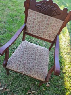 Antique Carved Wood kings Armchair w Floral Upholstery