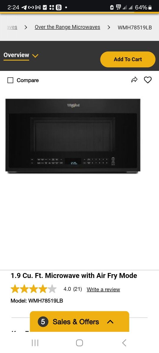 Whirlpool 1.9 cu ft Over-the-Range Microwave – Air Fry, Steam, Sensor Cooking, Black