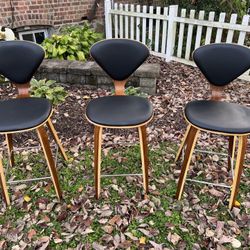 Nuevo Satine Walnut & Black Leather Contemporary Modern Counter Stools Set/3. Amazing deal! Retail For $800+ Each!  