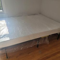 Queen Mattress+bedframe, 10 Inch, Cooling Gel Memory Foam, Medium Firm, White