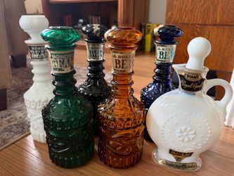 Empty Vintage Jim Beam Decanter Collection – 6 Bottles – Colored Glass & Royal Opal