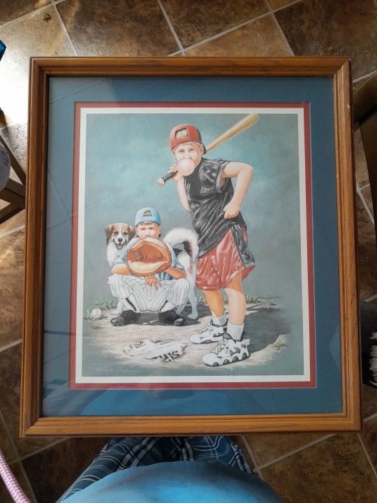 Vintage Home Interiors Boys playing Baseball with Dog Painting By Dwayne Neal