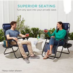 Set of 2 Zero Gravity Lounge Chair Recliners for Patio, Pool w/ Cup Holder Tray - Gray, New in Box 