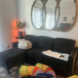 L SHAPED VELVET BLACK COUCH 