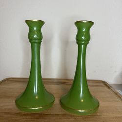 Vintage Green Glass w/Gold Accents Around Top and Base Taper Candlestick Holder