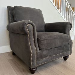 Grey Modern Upholstered Armchair With Brass Nailhead Trim Accent Chair with Wood Legs