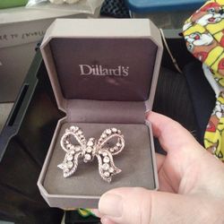 Dillard's Silver tone Bow Brooch with Crystal Accents
