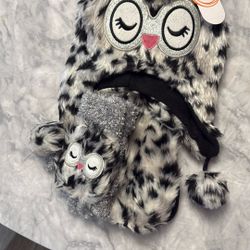Girls 3pc Owl Winter Set Faux Fur & Fleece Beanie Scarf Half Finger Gloves