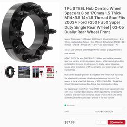 2 Pc STEEL Hub Centric Wheel Spacers 8 on 170mm 1.5 Thick M14x1.5 14x1.5 Thread Stud Fits 2003+ Ford F250 F350 Super Duty Single Rear Wheel | 03-05 Du