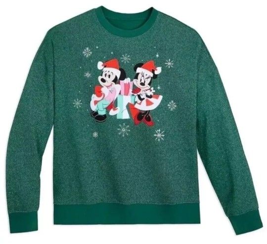 2023 Disney Parks Santa Mickey & Minnie Green Holiday Pullover Sweatshirt 1X NWT